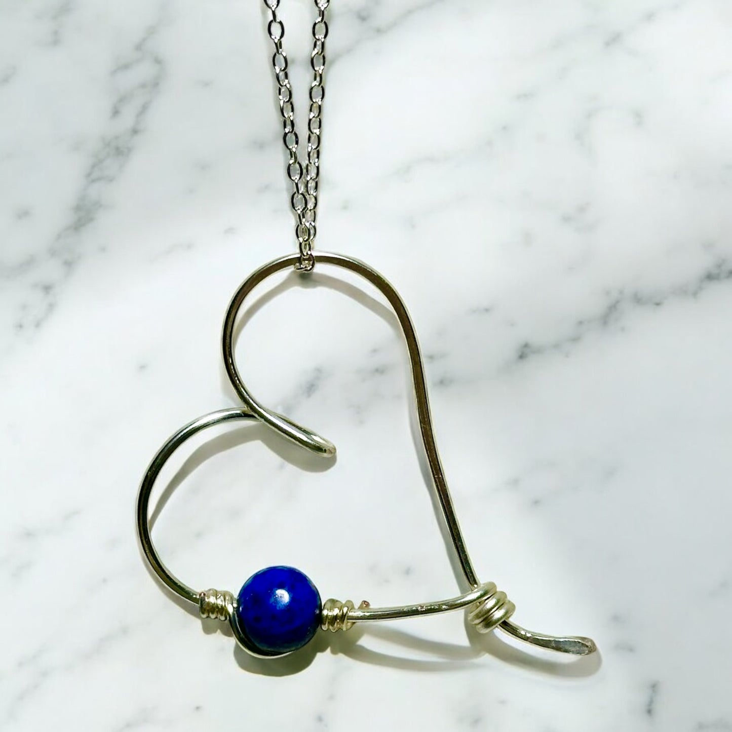 Handcrafted Silver Heart Pendant with Lapis Lazuli Bead